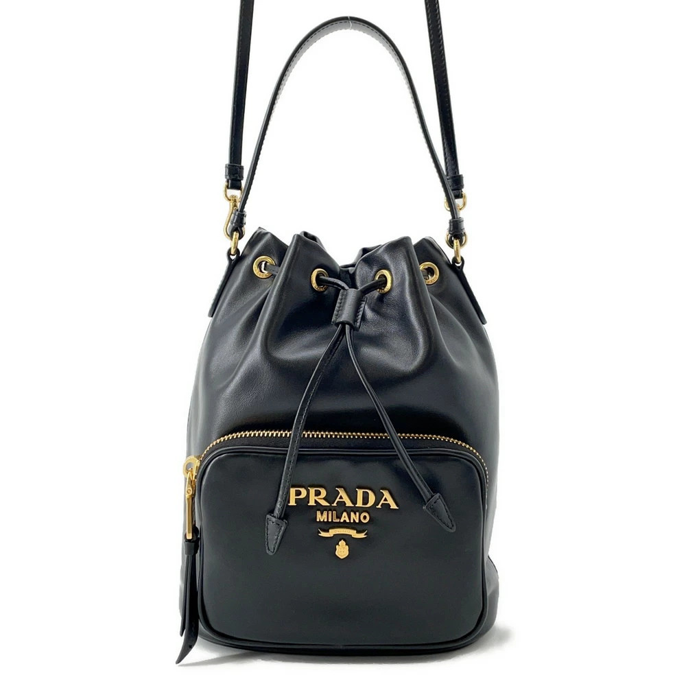 Prada Duet Drawstring Handbag Soft Calf Leather Black Bag